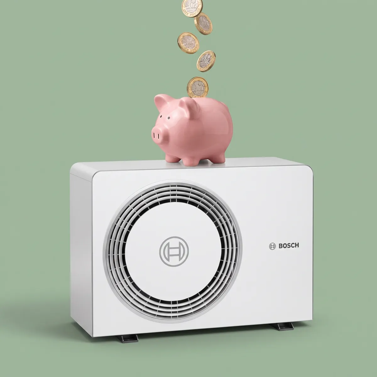 Piggy bank with pound coins on top of an air source heat pump