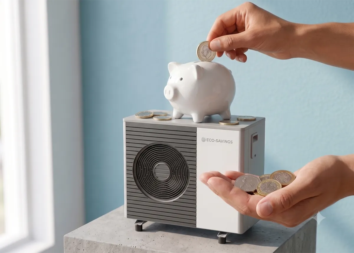 Coins being saved in a piggy bank on top of an air source heat pump