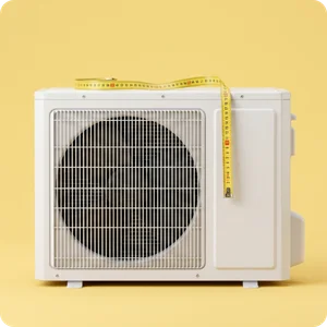 Air source heat pump outdoor unit being measured with a tape measure