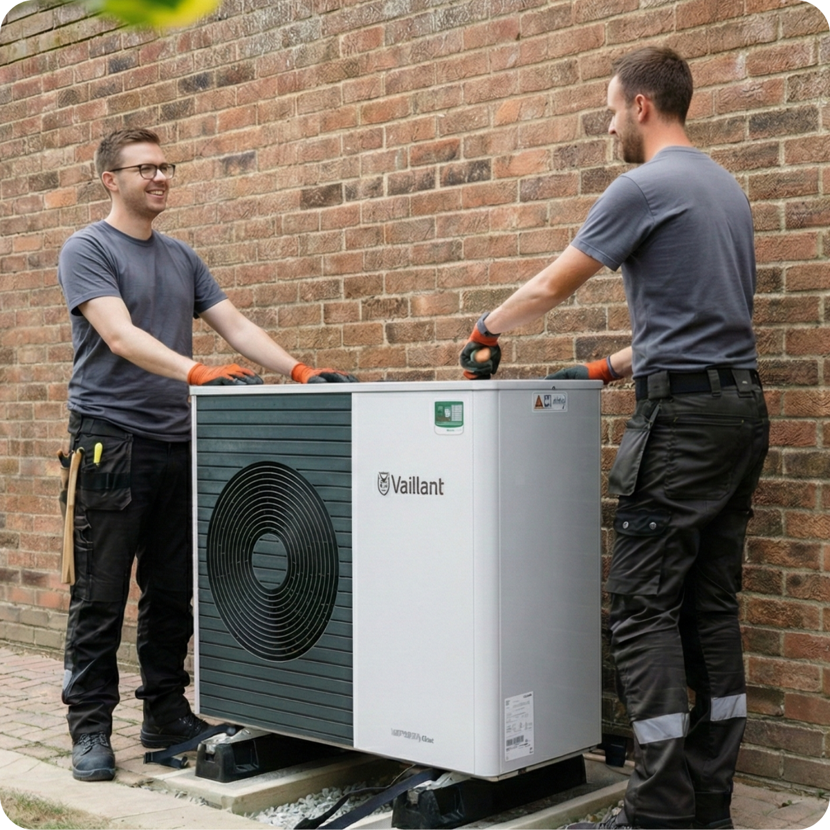 Two MCS-certified engineers installing a Vaillant air source heat pump against a brick wall