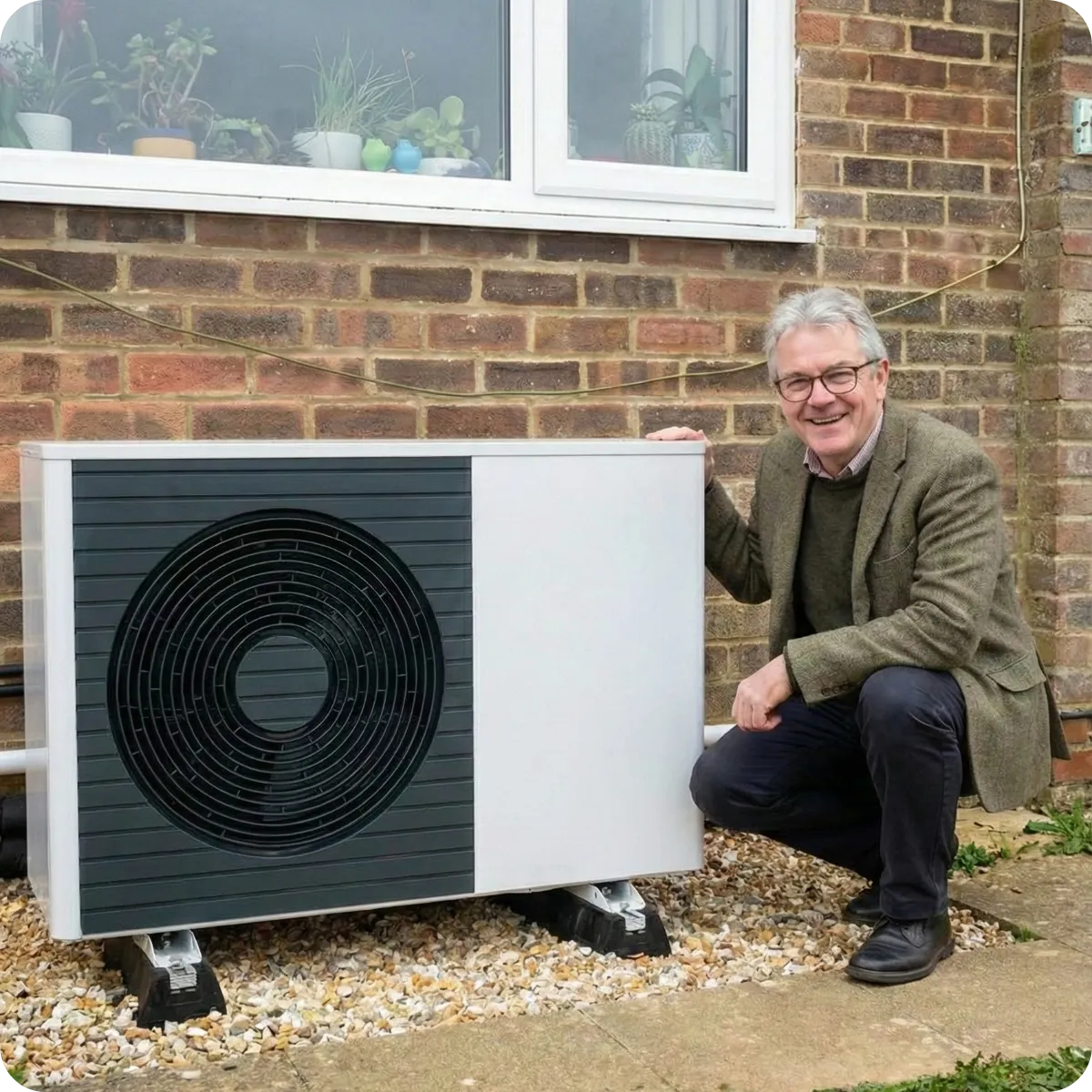 Happy homeowner with newly installed air source heat pump outside their home